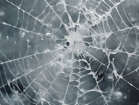 a spider web with water droplets on itの素材