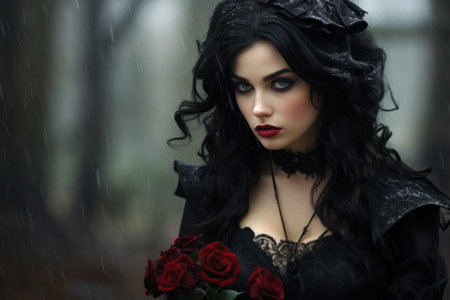 a woman in black with red rosesの素材
