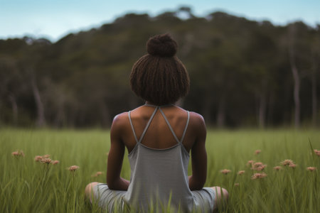 a woman sitting in a grass fieldの素材