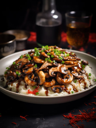 a plate of food with sauce and riceの素材
