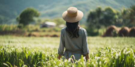 a woman in a hat standing in a fieldの素材