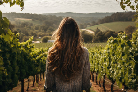 a woman standing in a vineyardの素材