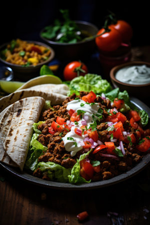 a plate of food with tortillas and saucesの素材