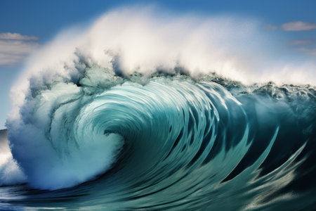 a large wave with foamy white and blue waterの素材