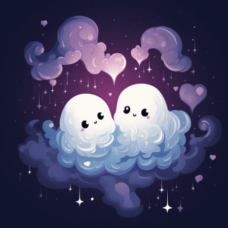 two cartoon ghosts on cloudsの素材