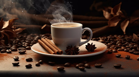 a cup of coffee with steam and cinnamon sticks on a plateの素材
