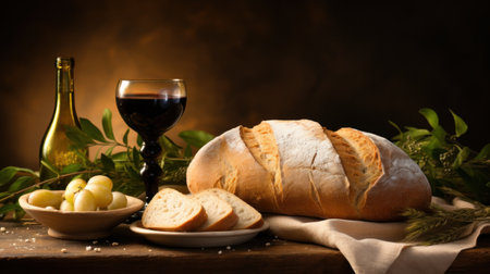 a plate of bread and grapes on a tableの素材