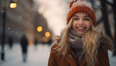 a woman smiling in a snowy areaの素材