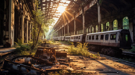 a train in an abandoned train stationの素材