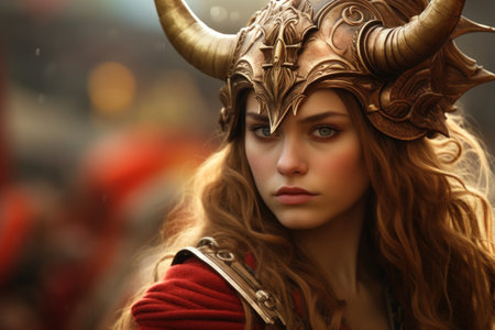 a woman wearing a viking helmetの素材