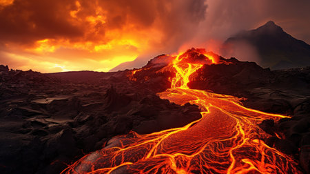 a lava flowing down a mountainの素材