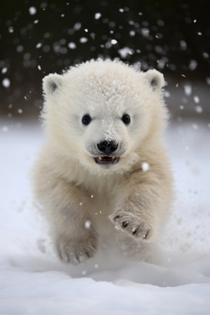 a baby polar bear running in the snowの素材