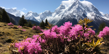a mountain with pink flowersの素材