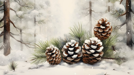 a group of pine cones in the snowの素材