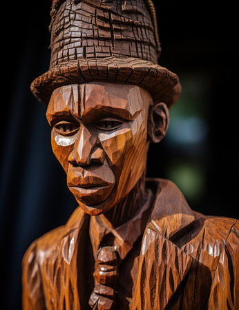 a wood carving of a man wearing a hatの素材