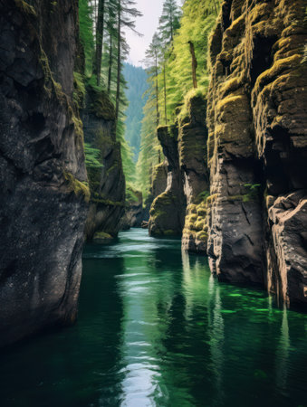 a river between rocks with treesの素材