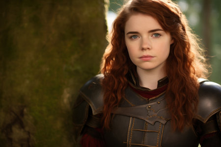 a woman in armor standing next to a treeの素材