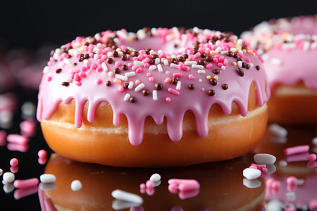 a donut with pink frosting and sprinklesの素材
