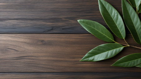 a green leaves on a wooden surfaceの素材