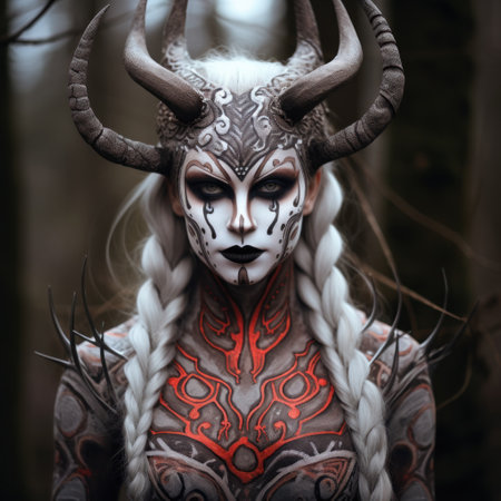 a woman with horns painted on her body and white hairの素材