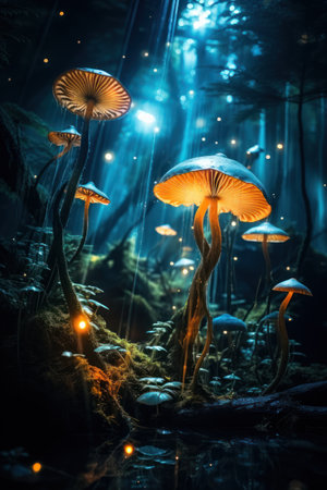 a group of mushrooms with lights in the backgroundの素材