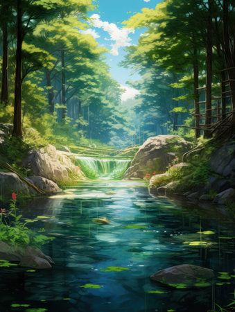 a river with a waterfall in the middle of a forestの素材