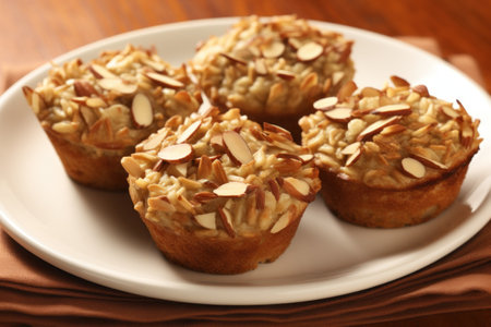 a plate of muffins with almonds on topの素材