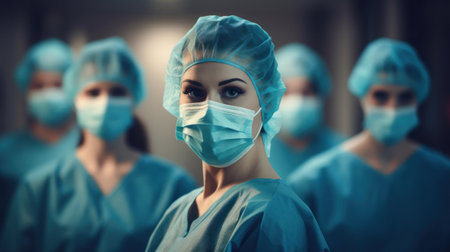 a group of people wearing surgical caps and masksの素材