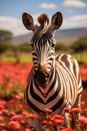 a zebra standing in a field of flowersの素材