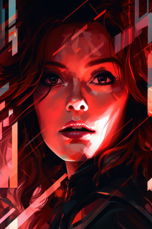3D illustration of a beautiful woman with red hair and futuristic make-upの素材