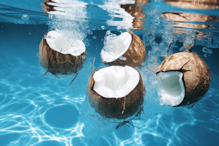 a group of coconuts floating in waterの素材