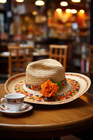 a hat and a cup on a tableの素材