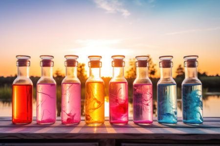 a row of bottles with colorful liquid in themの素材