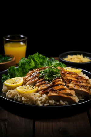 a plate of food with rice and meatの素材