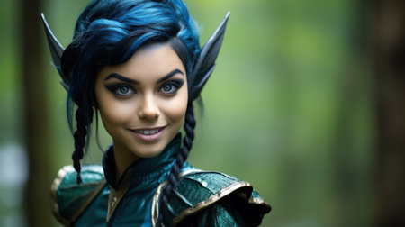 a woman with blue hair and a green garmentの素材