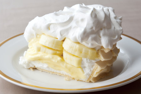 a piece of dessert with whipped cream and bananasの素材