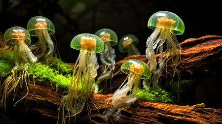 jellyfishes on a log in an aquariumの素材