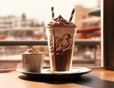 a chocolate milkshake with straws and a cup on a plateの素材