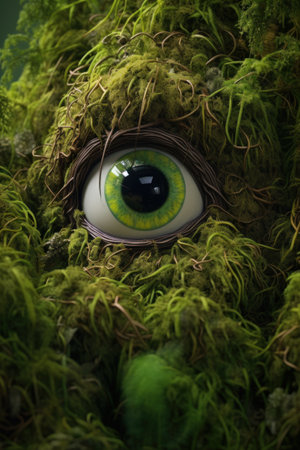 a green eyeball surrounded by mossの素材