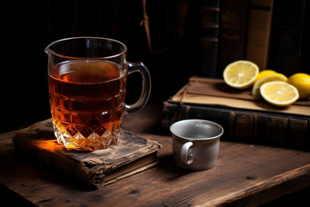 a glass of tea on a bookの素材