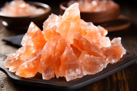 a pile of pink crystals on a black plateの素材