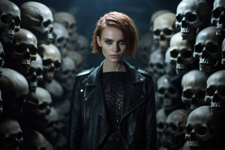 a woman in a leather jacket in front of a group of skullsの素材