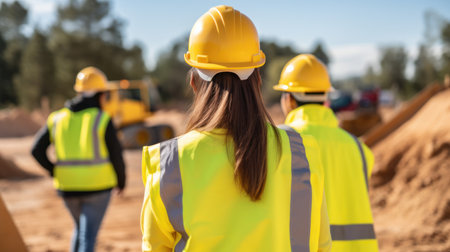 a group of people wearing yellow hard hatsの素材