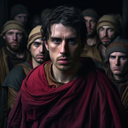 a man in a red robe with a group of men in the backgroundの素材