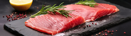 a piece of meat with rosemary on a black surfaceの素材