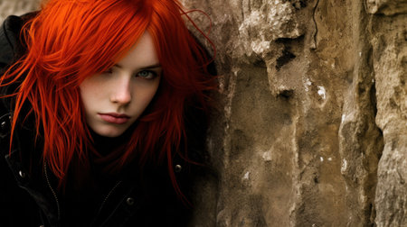 a woman with red hair leaning against a rockの素材