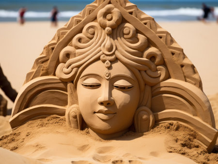a sand sculpture of a woman's face on a beachの素材