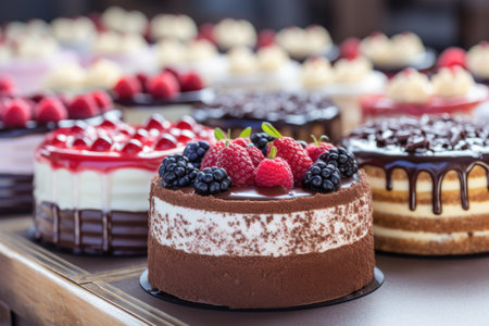 a group of cakes with berries on topの素材