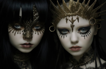 two women wearing black and gold makeupの素材