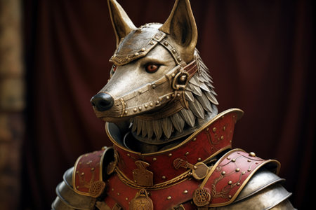a dog in armor with red and gold accentsの素材